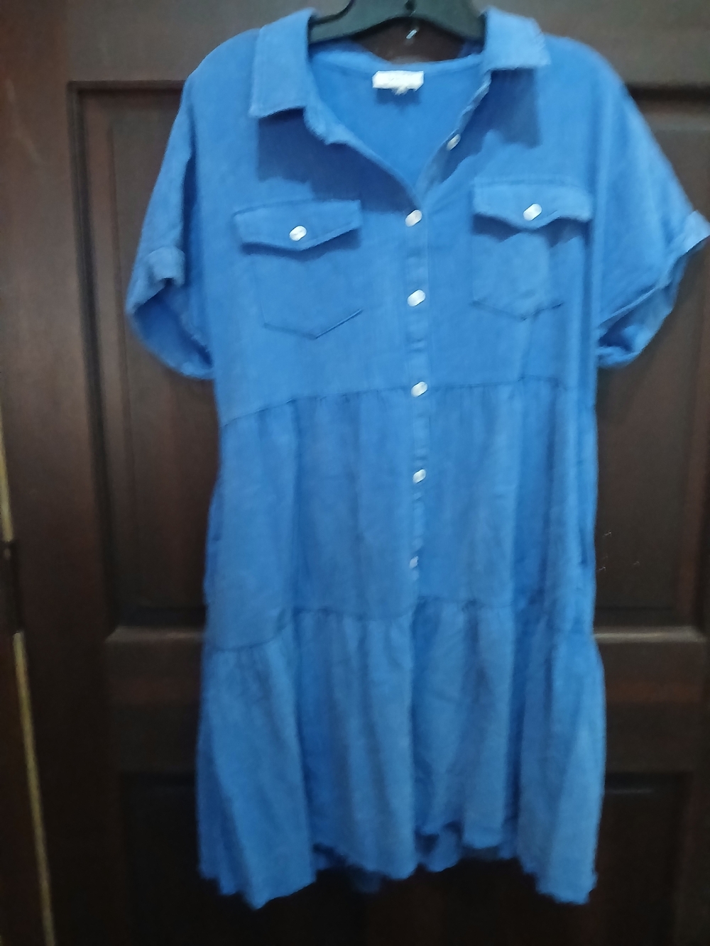Women's ODDY Blue Button-Front Tiered Midi Shirt Dress Boho Casual